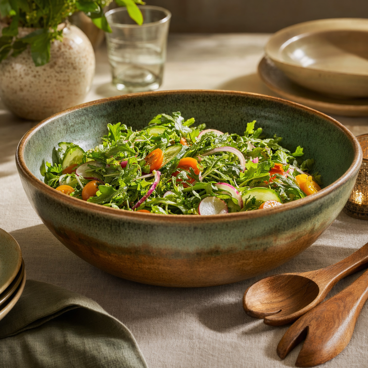 Handcrafted Reactive Glaze Ceramic Serving Bowl with fresh salad on a linen tablecloth
