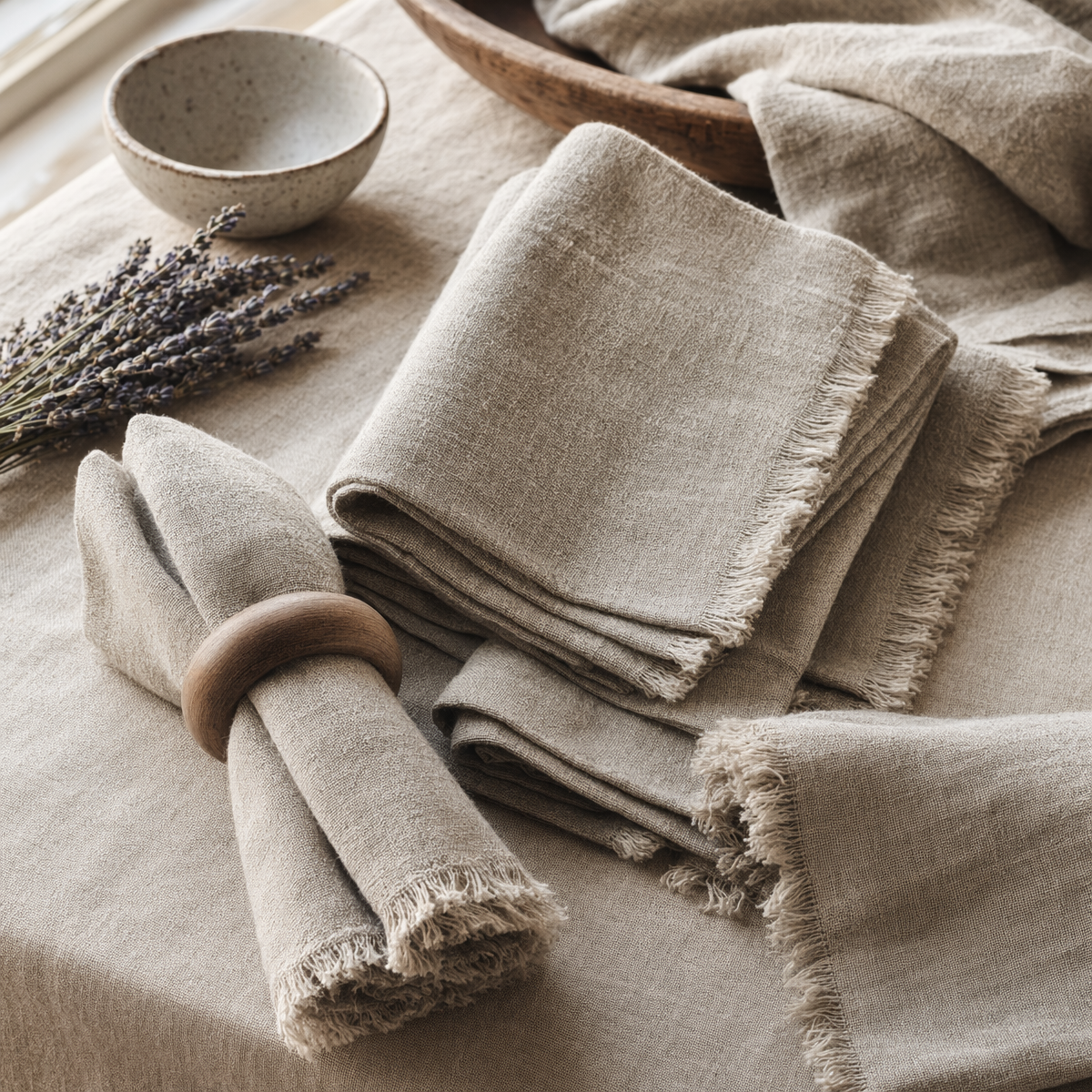 Stonewashed French Linen Napkin Set of 6 with fringe edge on a natural linen tablecloth