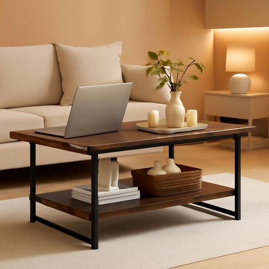 Two Tier Walnut Coffee Table Industrial Living Room