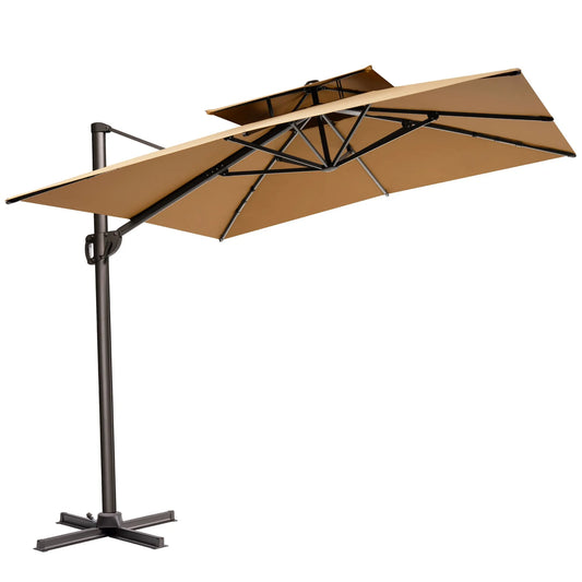 11' Tan Cantilever Patio Umbrella with Stand