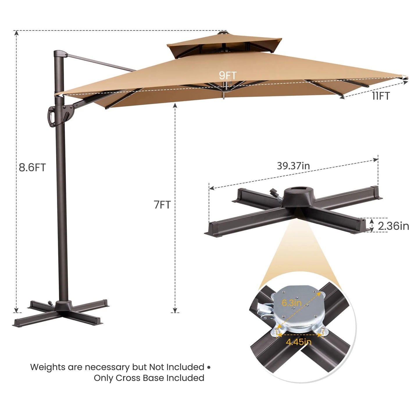 11' Tan Cantilever Patio Umbrella with Stand
