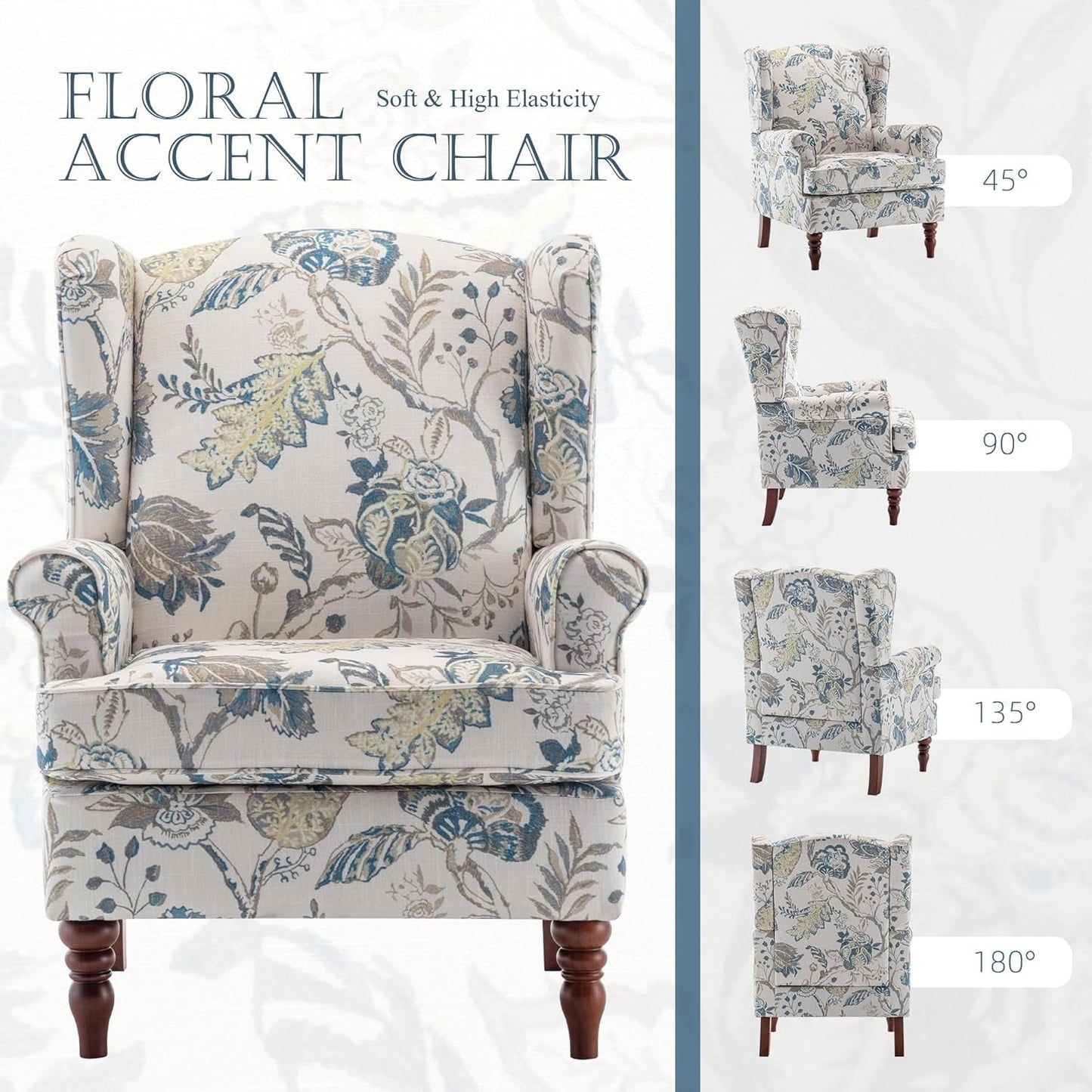 Blue Floral Upholstered Accent Armchair Living Room