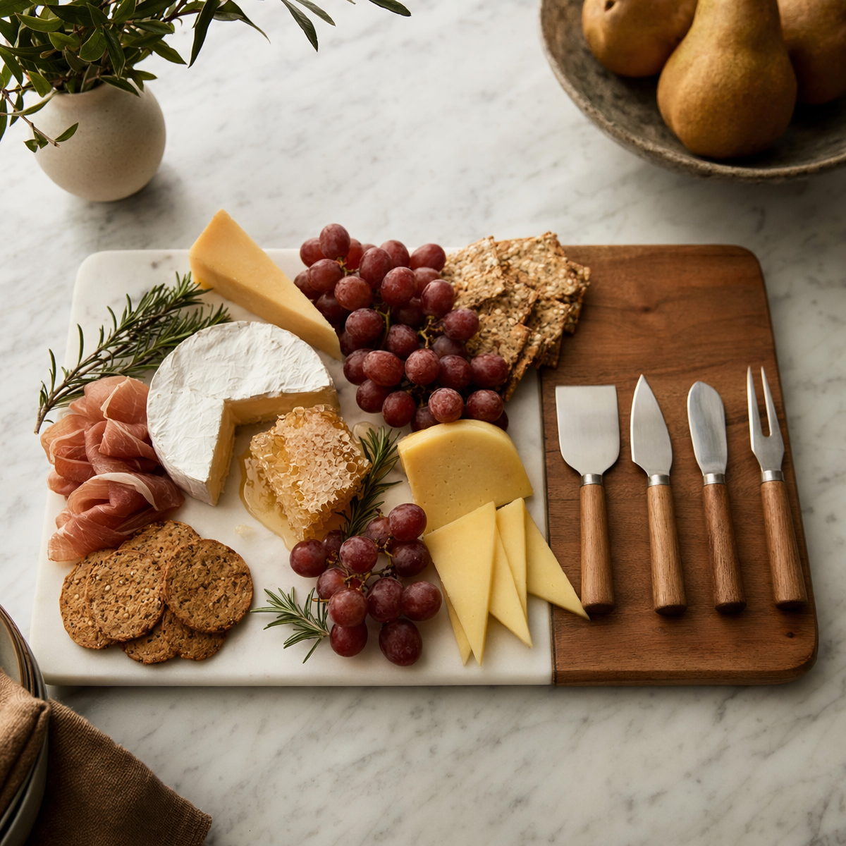 Acacia Wood and White Marble Charcuterie Board Set styled with artisan cheeses and accompaniments