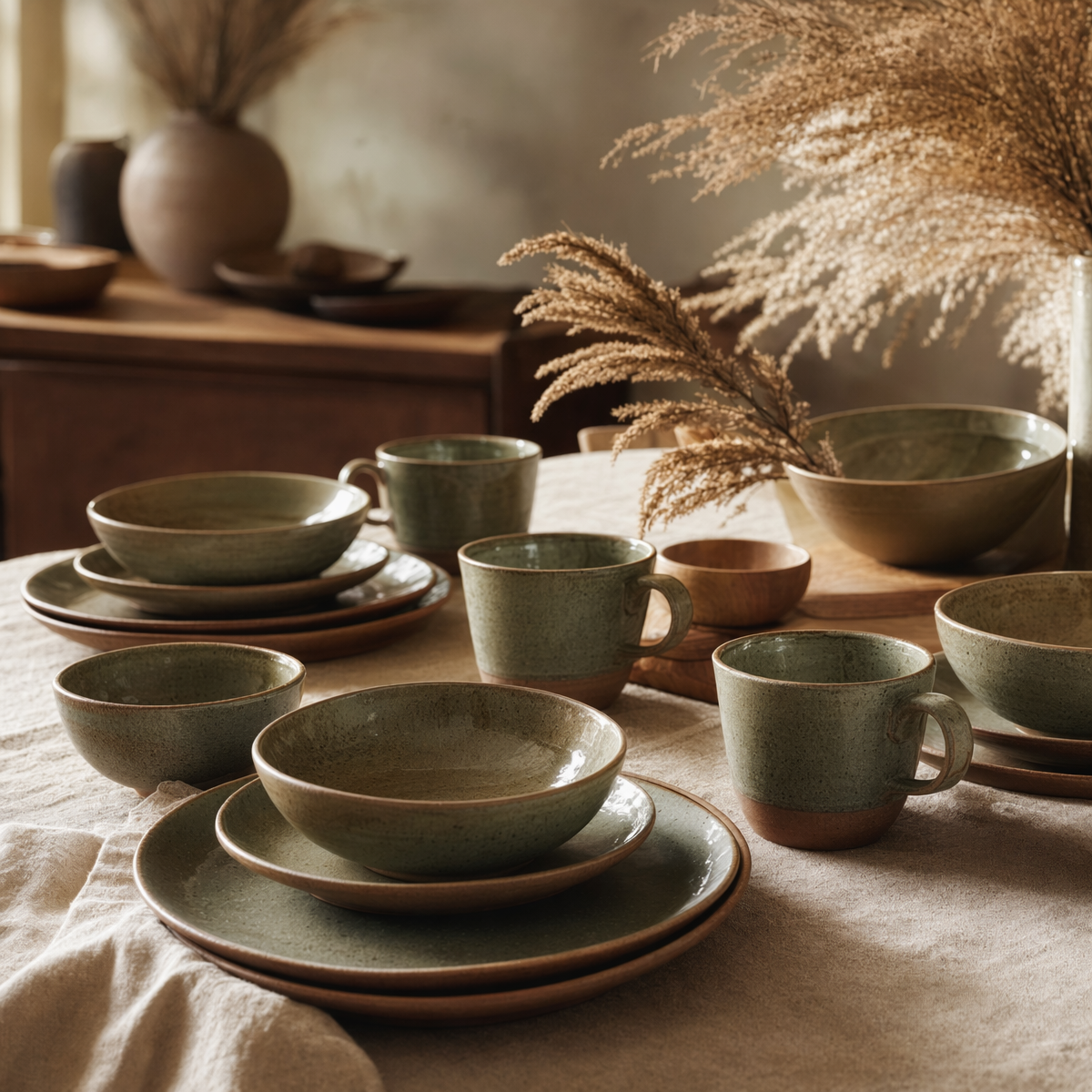 Artisan Reactive Glaze Stoneware Dinner Set styled on a natural linen tablecloth with candlelight