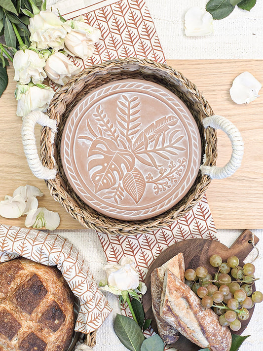 Bread Warmer & Basket Gift Set with Tea Towel - Plant Round