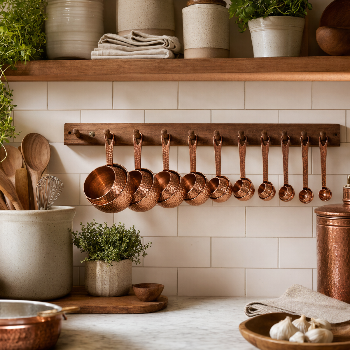 Hammered Copper Measuring Cup and Spoon Set displayed on natural wood kitchen pegboard